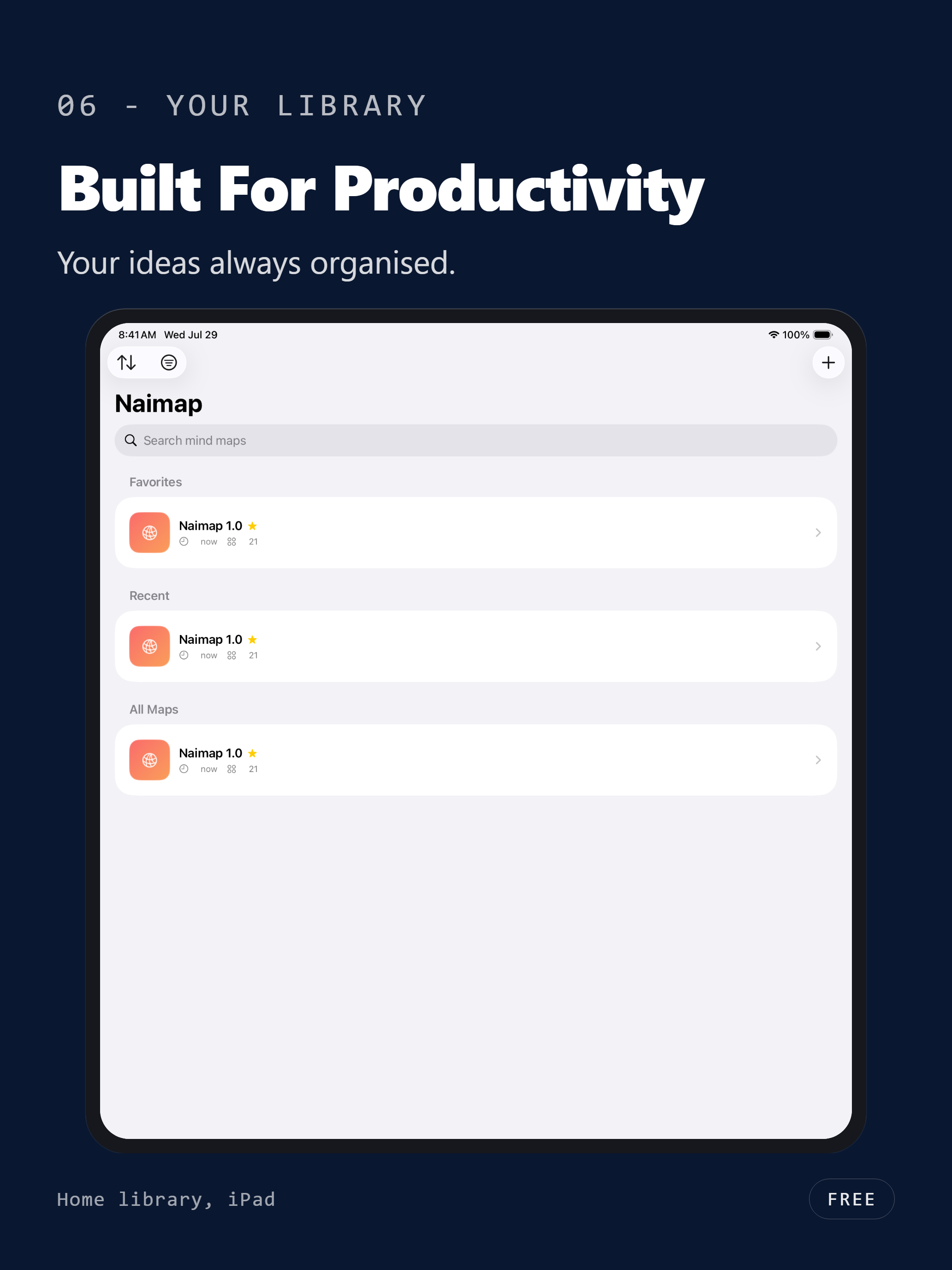 Naimap on iPad home screen with a library of mind maps