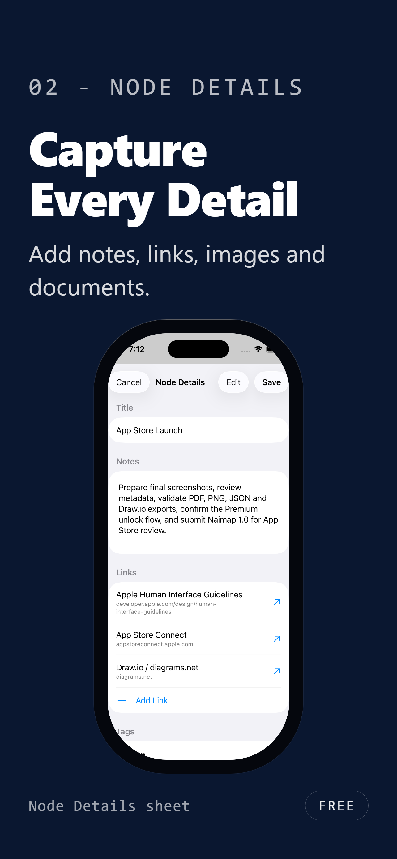 Naimap Node Details sheet with notes, links and tags populated