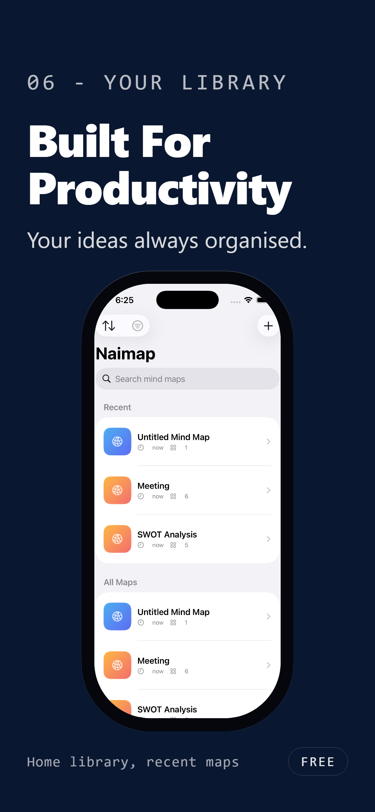 Naimap home screen with a library of mind maps